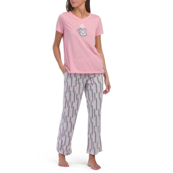 LIFE IS GOOD Pink 2pc Coffee Cup Pajama Set - Picture 1 of 2